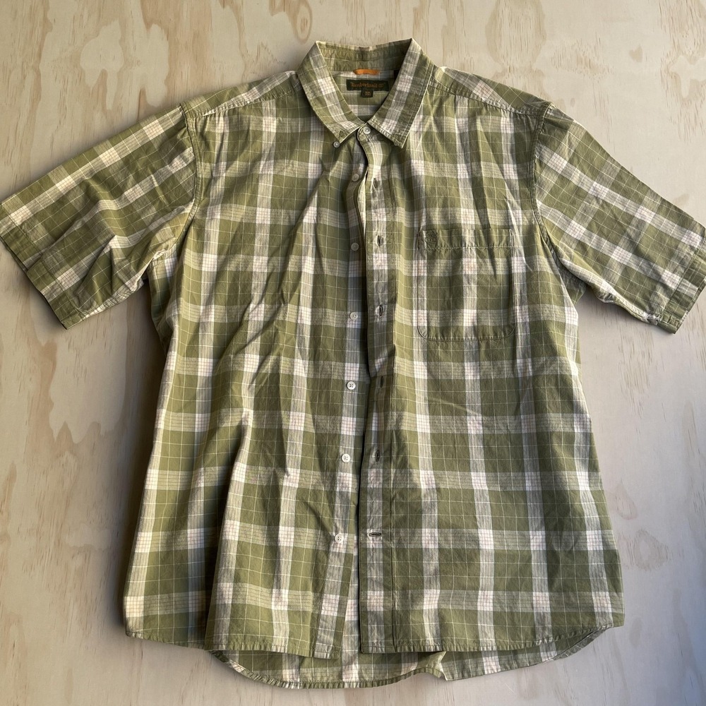 Timberland Shirt Mens 2XL Green Plaid Short Sleeve Button Down Casual Outdoor